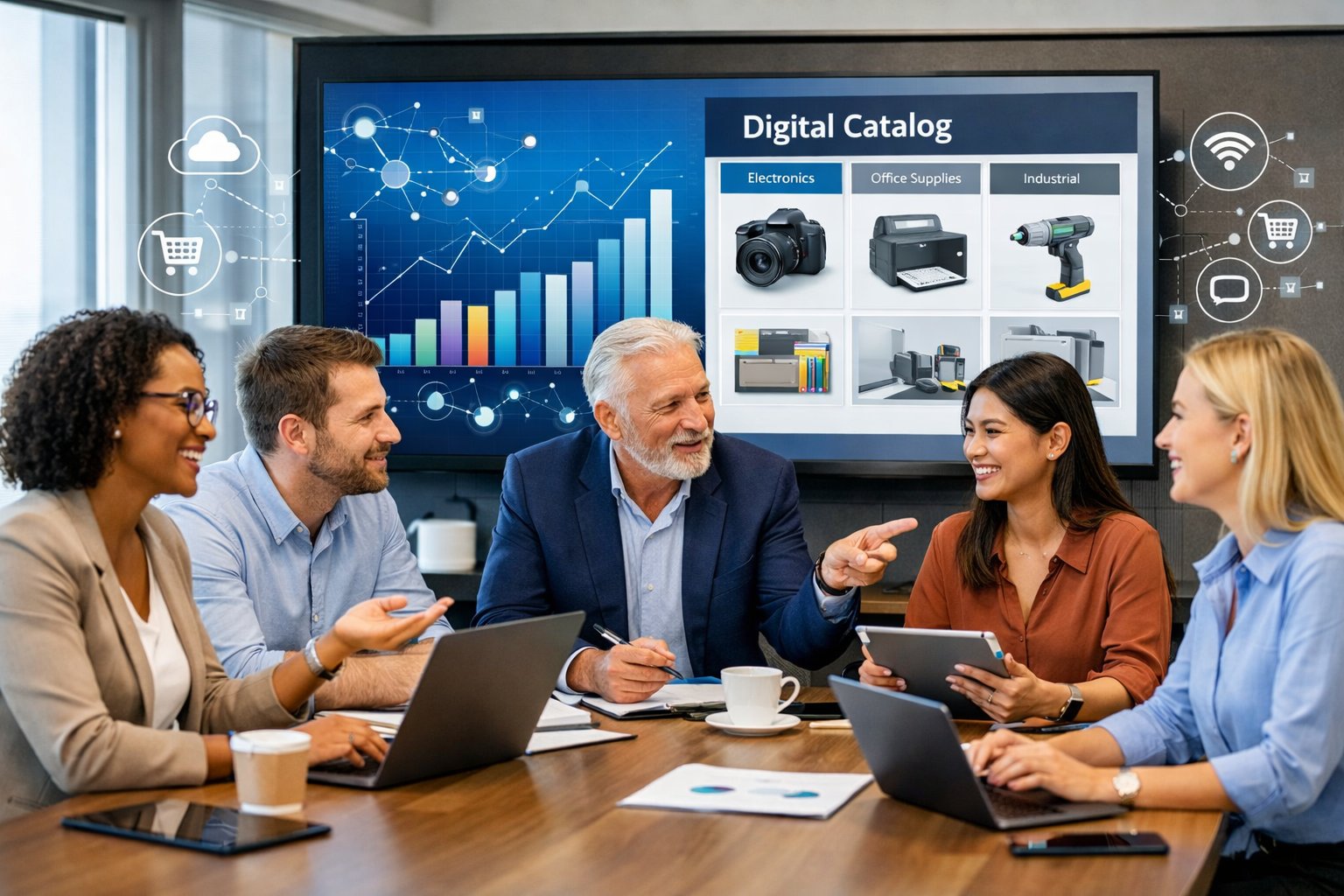 Des professionnels de PME en réunion dans une salle de conférence moderne, utilisant des ordinateurs portables et une grande écran numérique affichant des données, travaillant ensemble sur un projet.