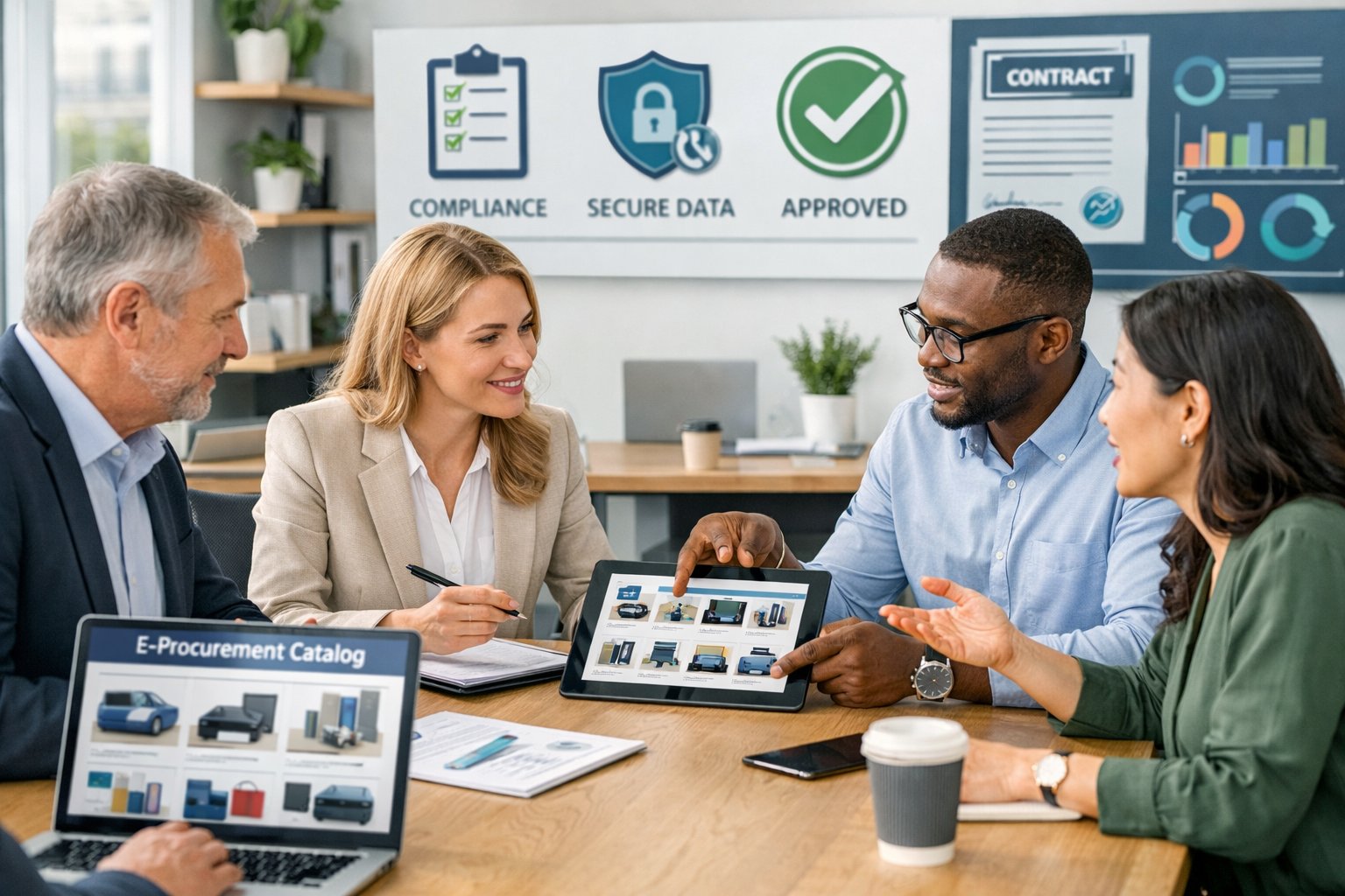 Des professionnels en réunion autour d'une table avec des ordinateurs portables et des tablettes, travaillant ensemble dans un bureau lumineux.