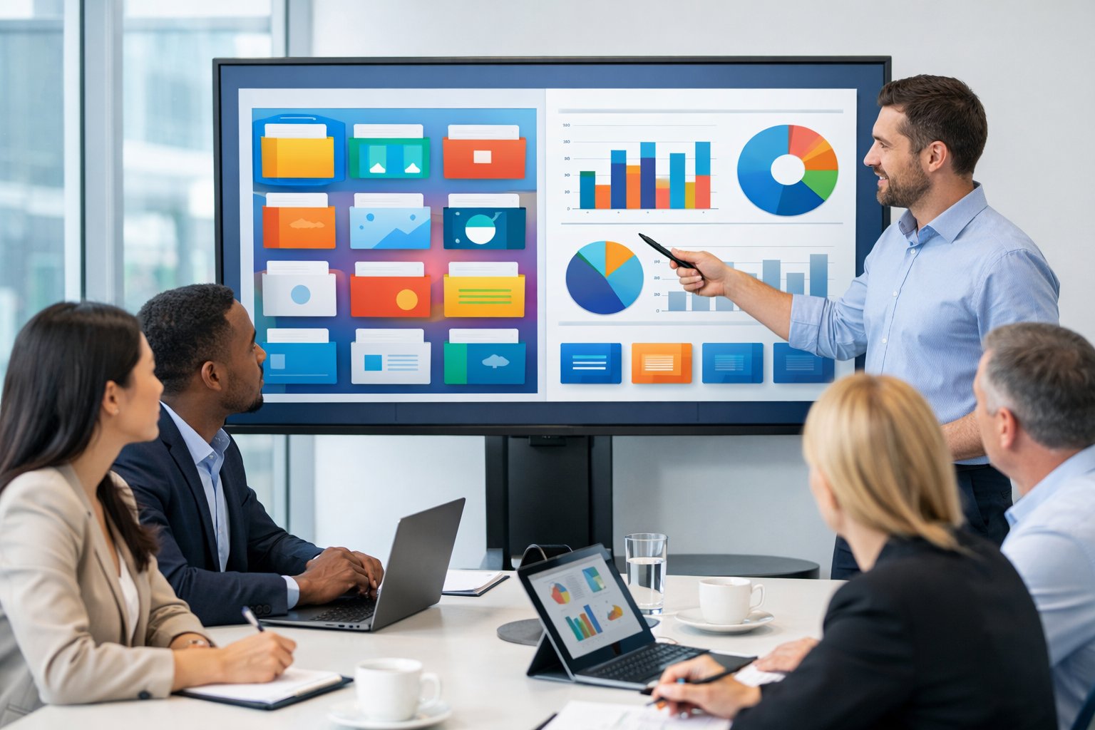 Un groupe de professionnels en réunion dans un bureau moderne, regardant un écran numérique avec des graphiques colorés, discutant et collaborant.