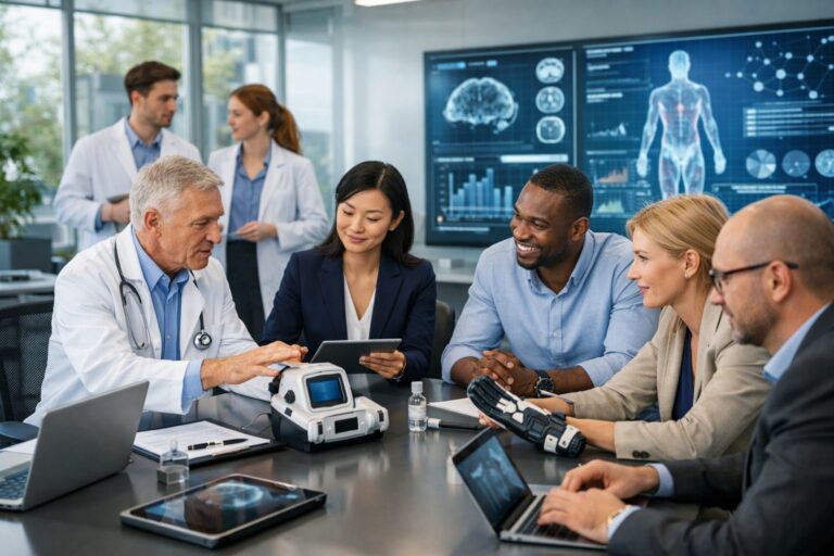Un groupe de professionnels de la santé et d'affaires collaborant autour d'une table dans un bureau moderne lumineux, avec des équipements médicaux et des écrans numériques en arrière-plan.