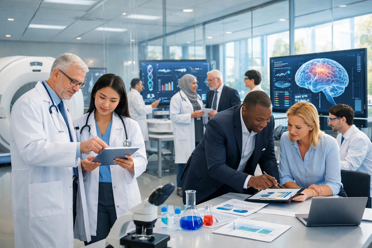 Un groupe diversifié de professionnels de la santé et de la recherche collaborant dans un laboratoire médical moderne et lumineux.