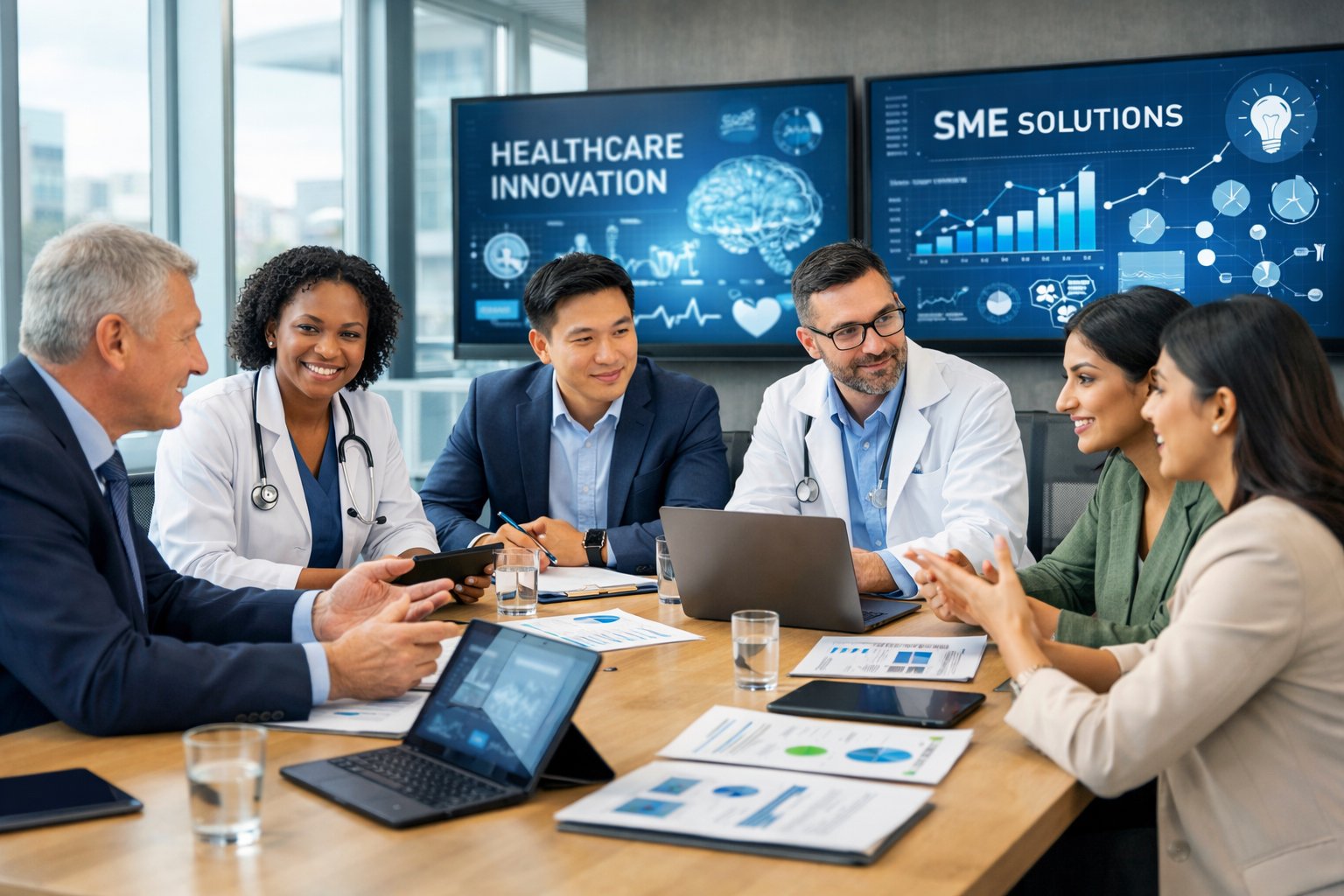 Un groupe de professionnels en réunion dans un bureau moderne, discutant de solutions innovantes en santé autour d'une table avec des ordinateurs et des documents.