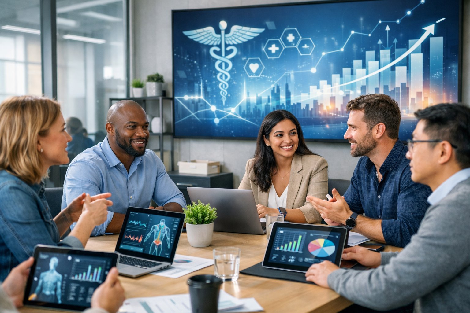 Un groupe de professionnels divers travaillant ensemble autour d'une table de réunion dans un bureau moderne, avec des appareils numériques affichant des données liées à la santé.