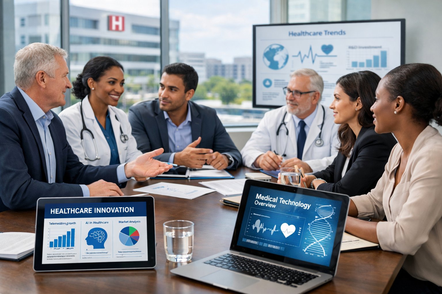 Un groupe de professionnels de la santé et d'affaires discutant autour d'une table dans un bureau moderne, avec des appareils numériques affichant des graphiques liés à l'innovation en santé.