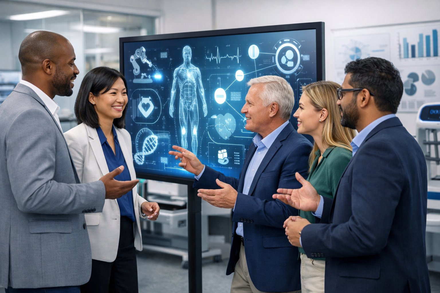 Un groupe diversifié de professionnels collaborant dans une salle moderne, discutant autour d'un écran numérique avec des icônes liées à l'innovation en santé.