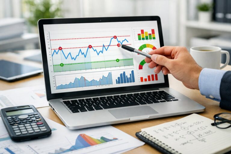 Un professionnel analysant des graphiques de données sur un ordinateur portable dans un bureau lumineux et organisé.