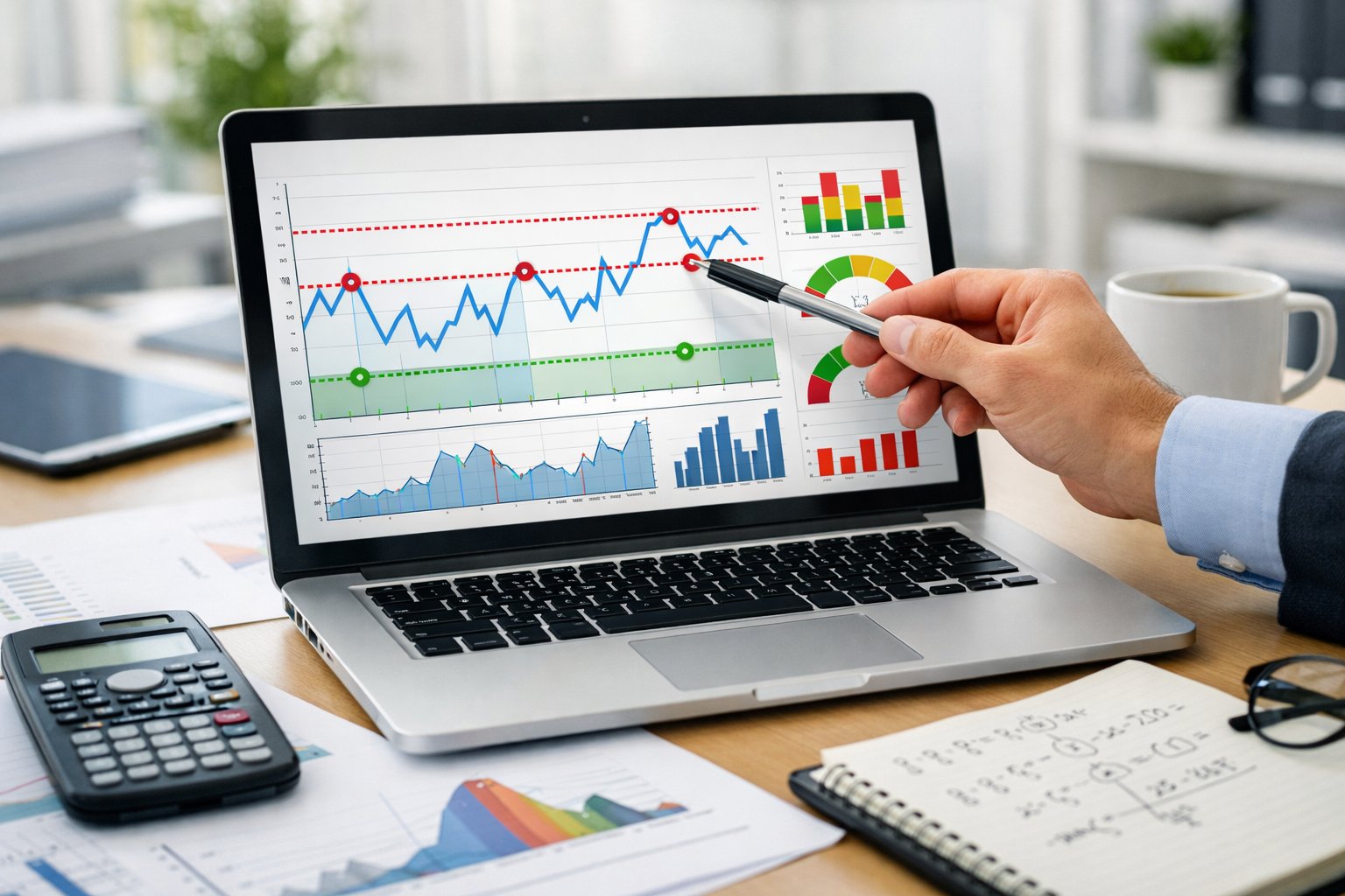 Un professionnel analysant des graphiques de données sur un ordinateur portable dans un bureau lumineux et organisé.