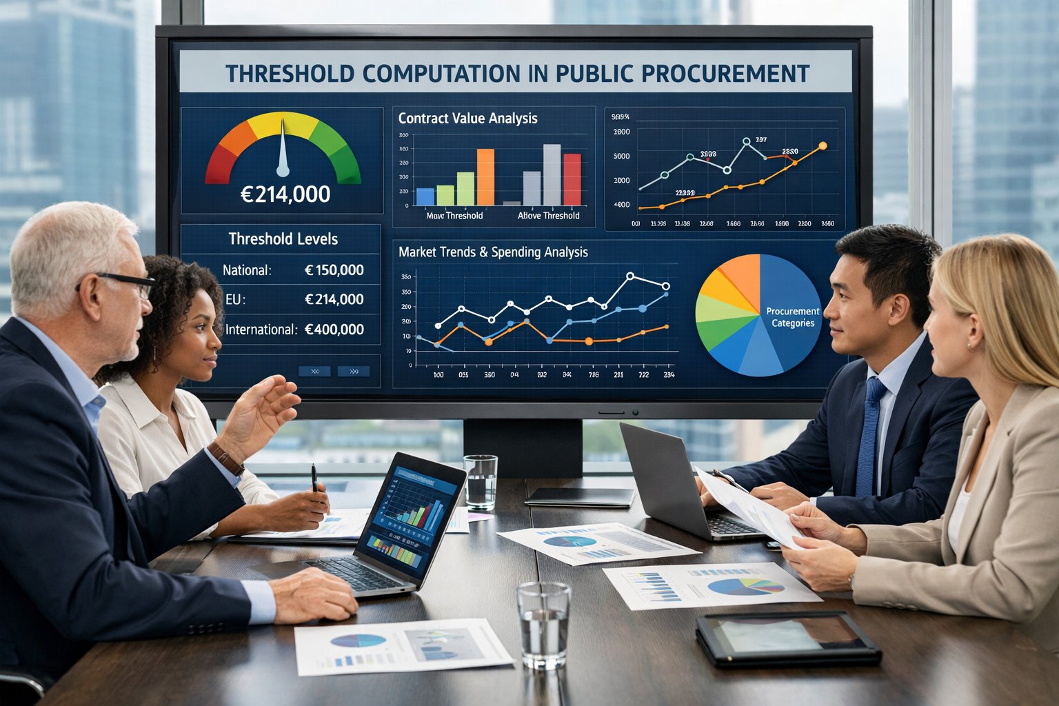 Un groupe de professionnels en réunion dans une salle de conférence moderne, analysant des graphiques et des données financières sur un écran numérique.