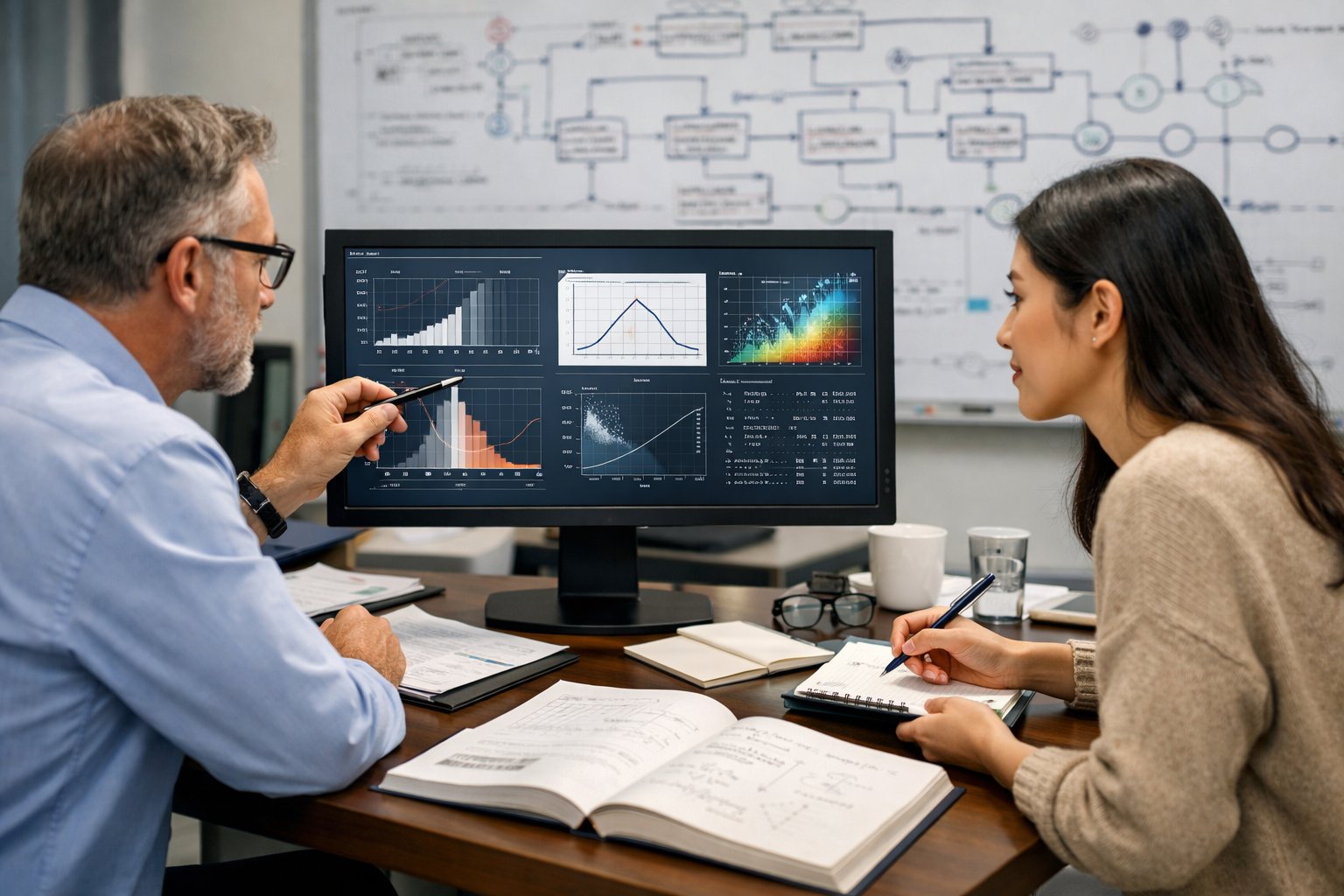 Un bureau moderne avec des professionnels discutant devant un écran montrant des graphiques et des données mathématiques liées à la computation des seuils.