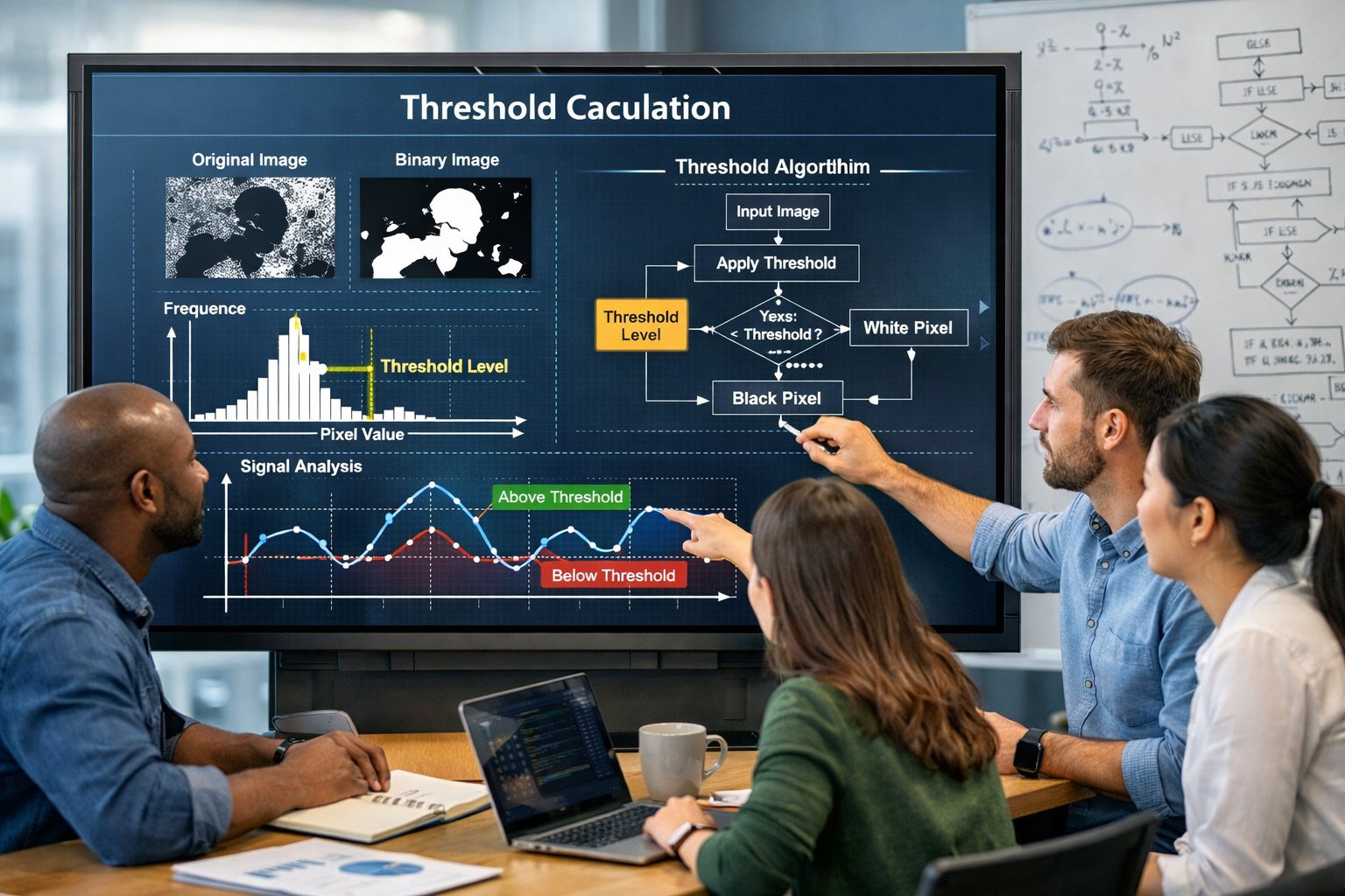 Un groupe de scientifiques des données travaillant ensemble autour d'un écran tactile affichant des graphiques et des diagrammes liés à la computation des seuils dans un bureau moderne.