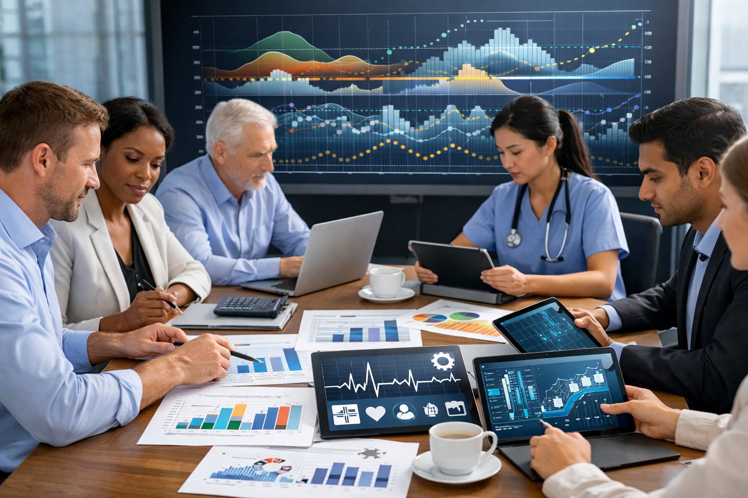 Des professionnels en réunion autour d'une table avec des ordinateurs et des graphiques représentant différents secteurs d'activité.