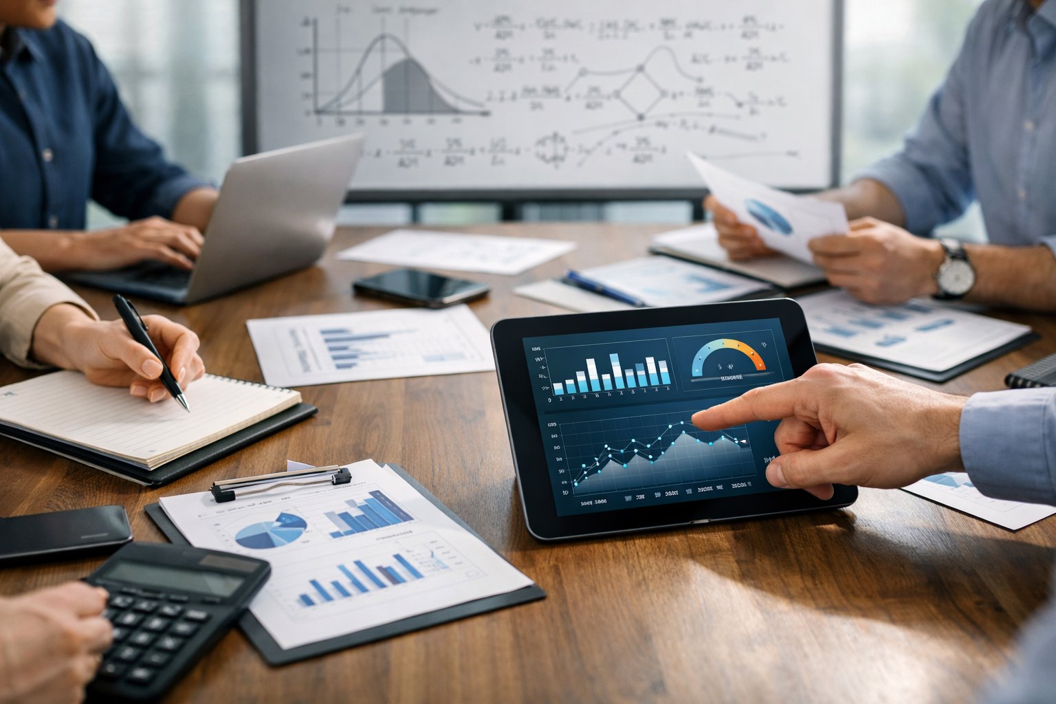 Des professionnels collaborant autour d'une table avec des documents et des appareils numériques affichant des graphiques et des calculs.
