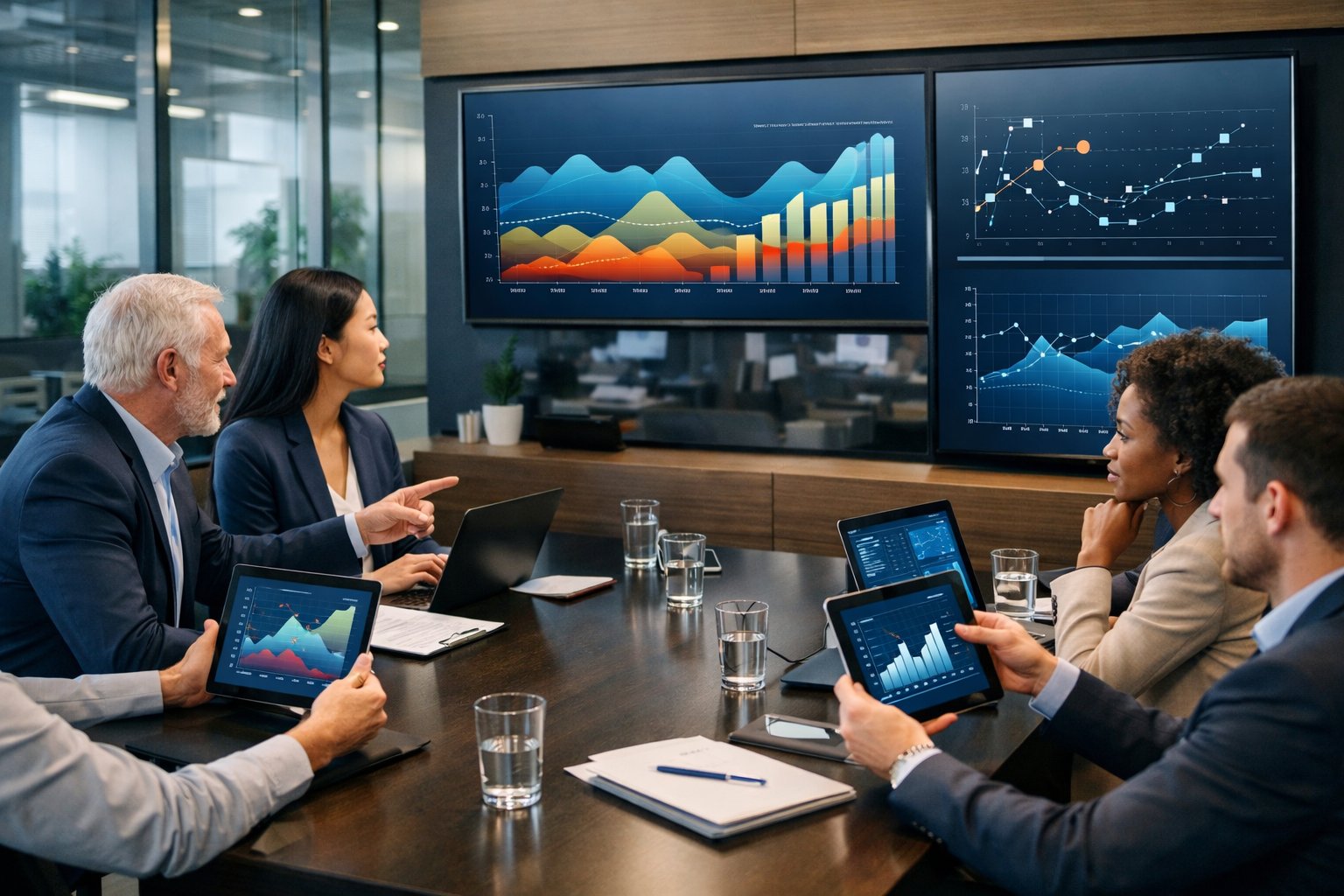 Un groupe de professionnels en réunion autour d'une table, analysant des graphiques et des données sur plusieurs écrans dans un bureau moderne.