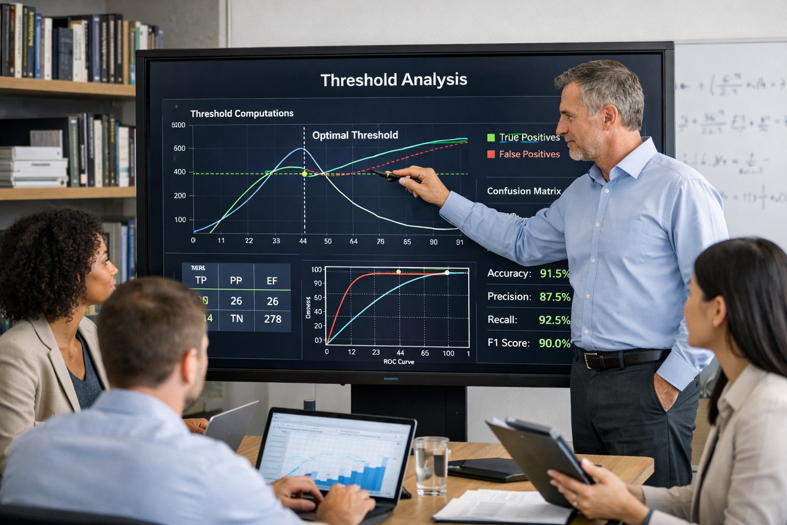 Un groupe de professionnels en réunion autour d'un écran tactile affichant des graphiques et des données numériques, discutant de calculs complexes dans un bureau moderne.