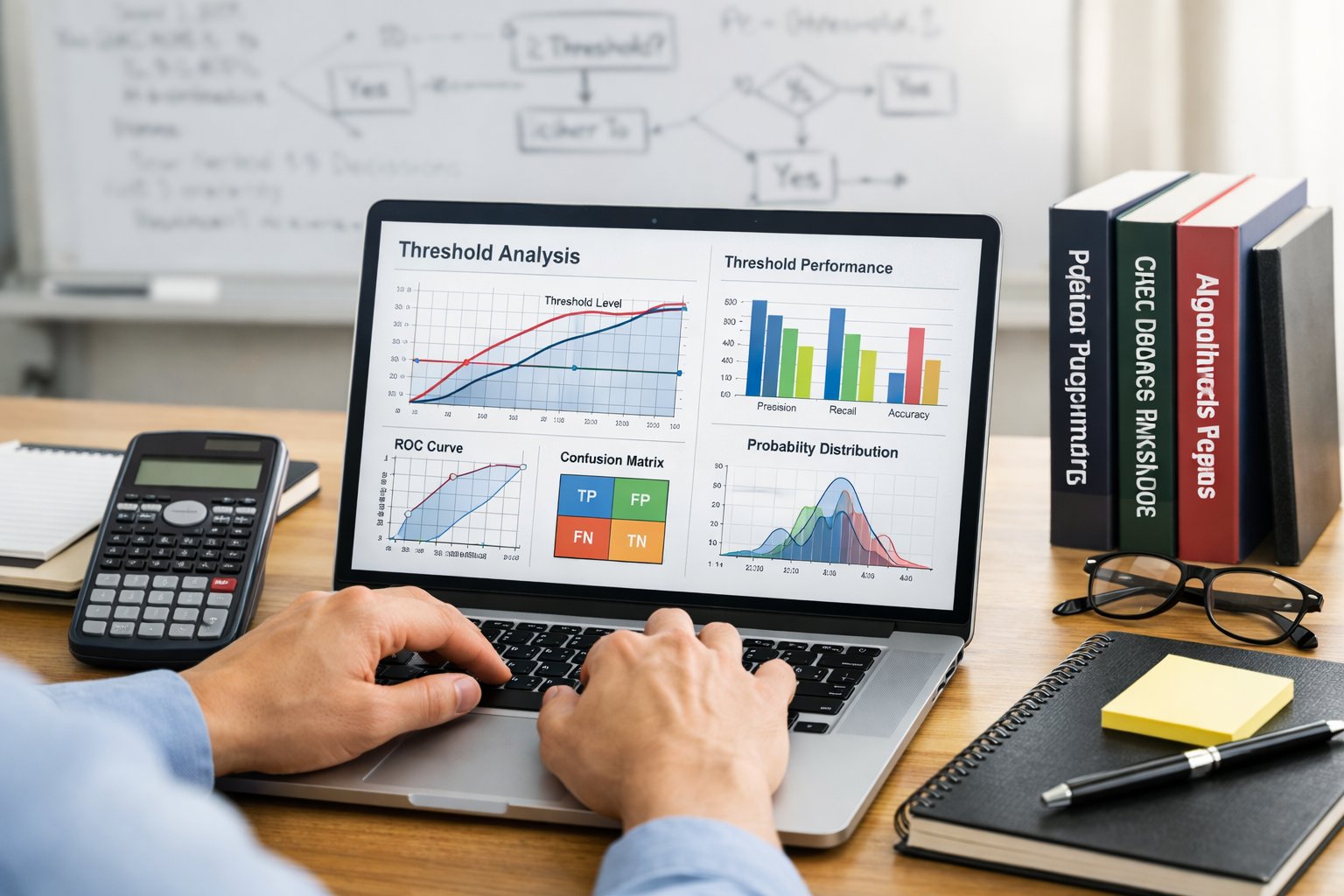 Un espace de travail moderne avec un ordinateur portable affichant des graphiques, des carnets, une calculatrice et des mains en train de taper au clavier.
