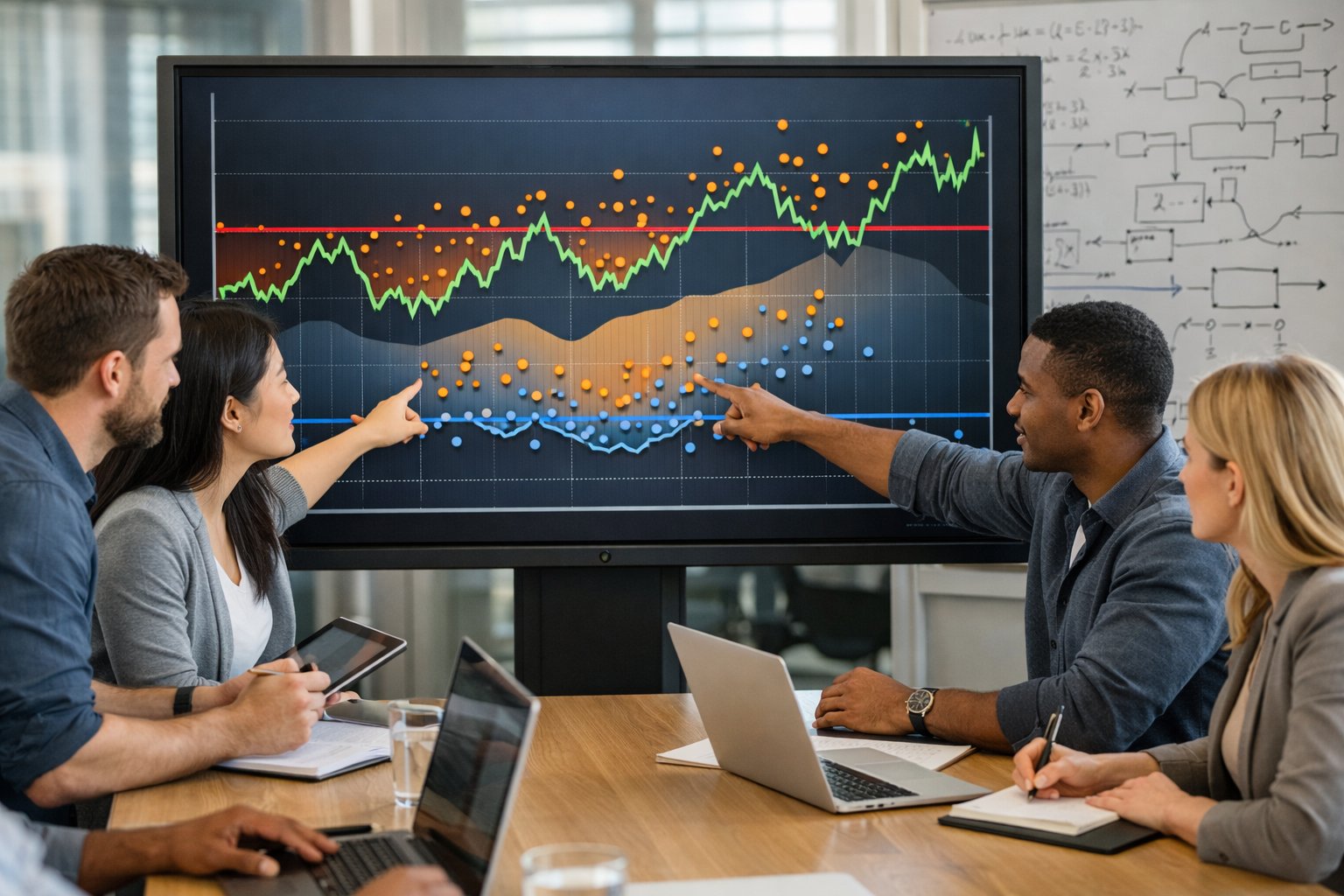 Des professionnels travaillant ensemble autour d'un écran numérique affichant des graphiques et des courbes représentant l'évolution des seuils.