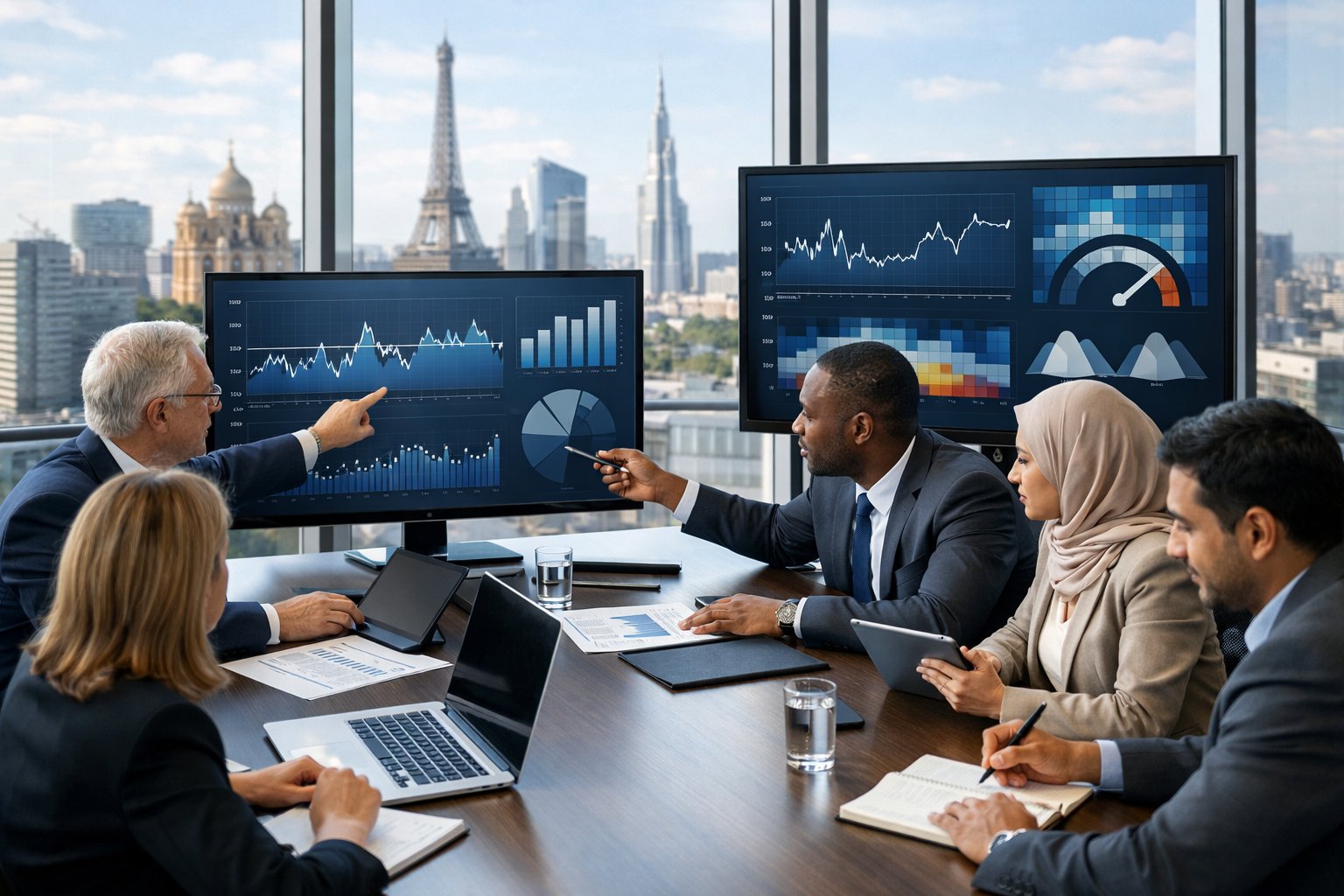 Un groupe de professionnels internationaux discutant autour d'une table avec des écrans affichant des graphiques et des données.