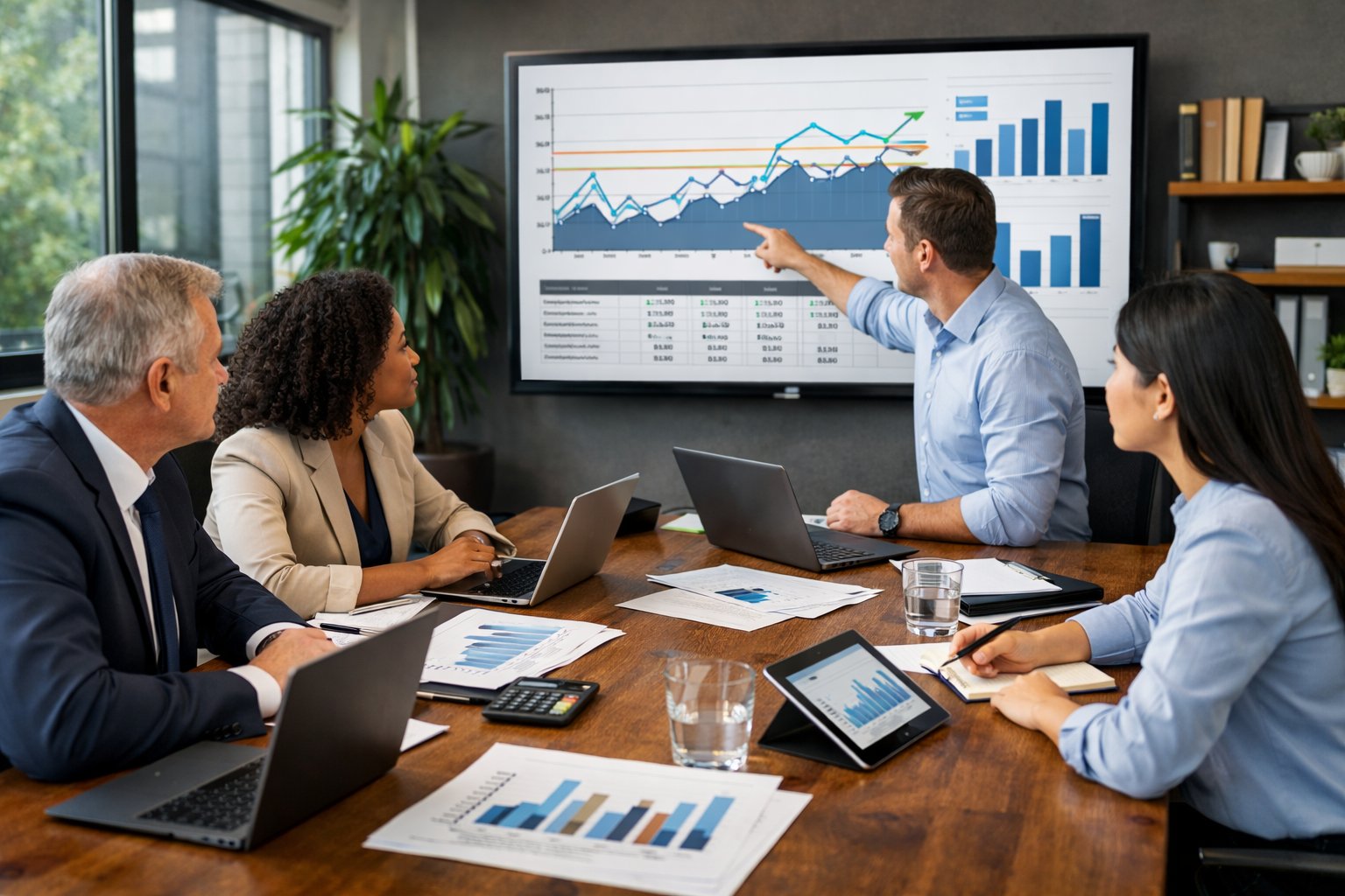 Un groupe de professionnels travaillant ensemble autour d'une table avec des ordinateurs et des graphiques de données.