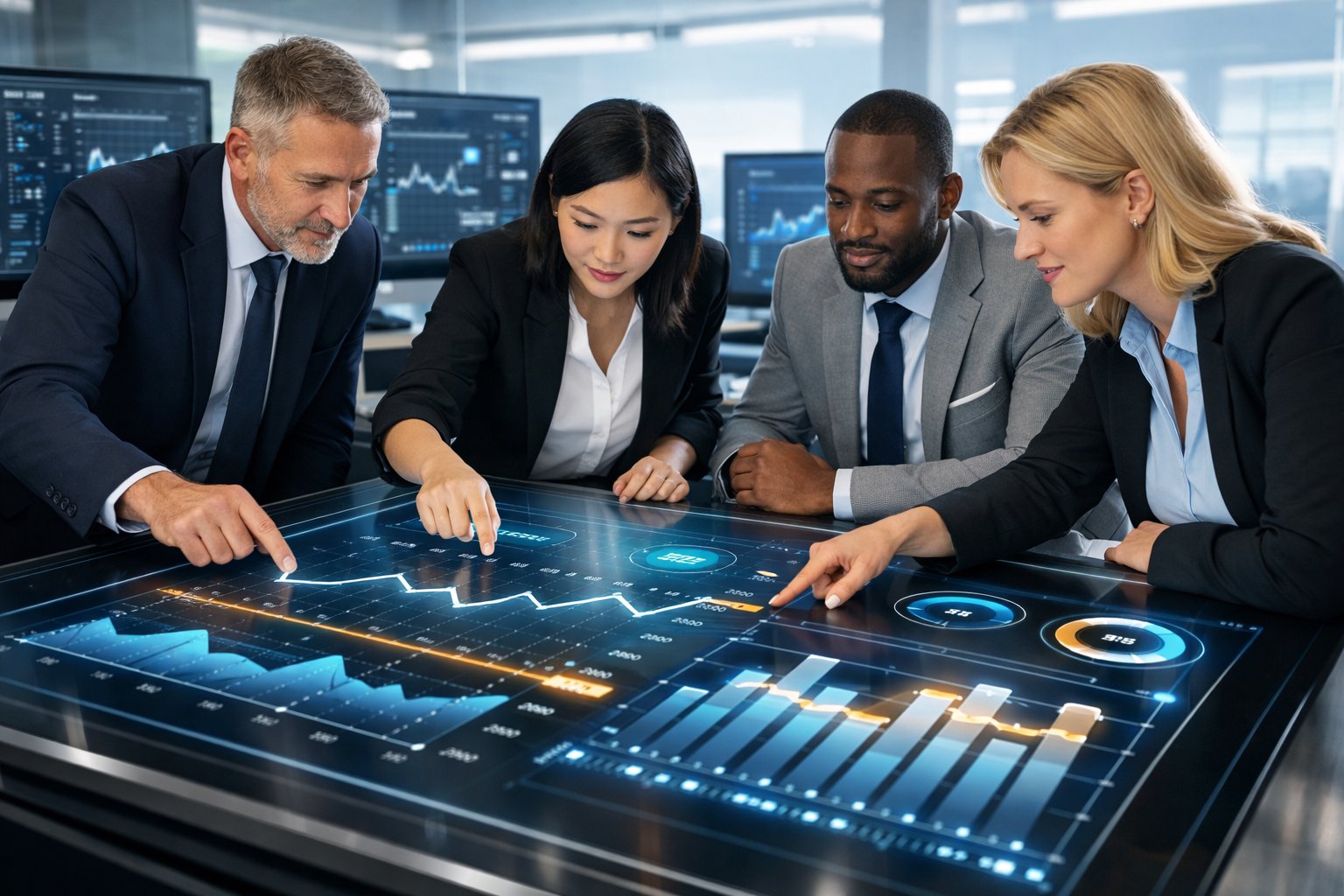 Un groupe de professionnels travaillant ensemble autour d'une table numérique affichant des graphiques et des données dans un bureau moderne.