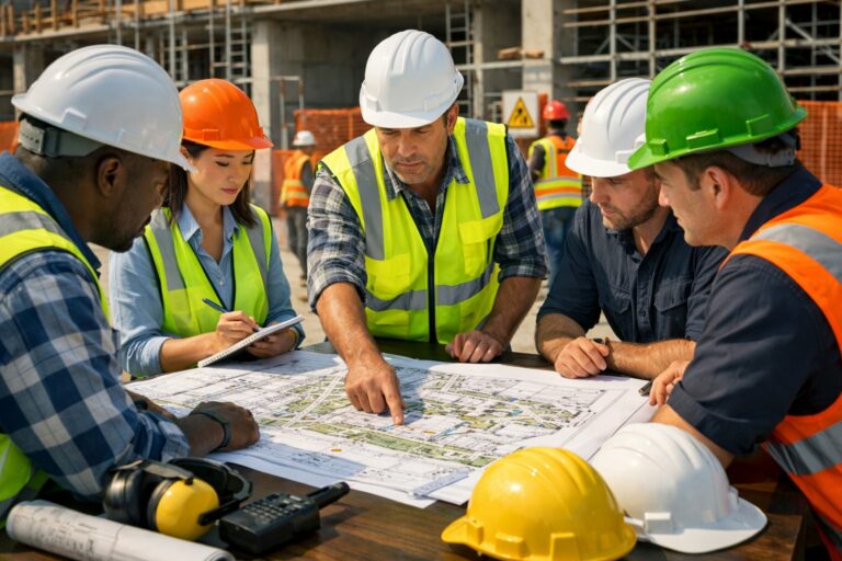 Un groupe de professionnels de la construction réunis autour d'une table avec des plans et des casques, discutant de la sécurité sur un chantier en arrière-plan.