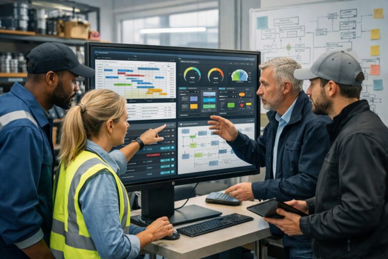 Une équipe de professionnels de la maintenance travaillant ensemble autour d'un écran tactile dans un bureau moderne avec des outils industriels en arrière-plan.