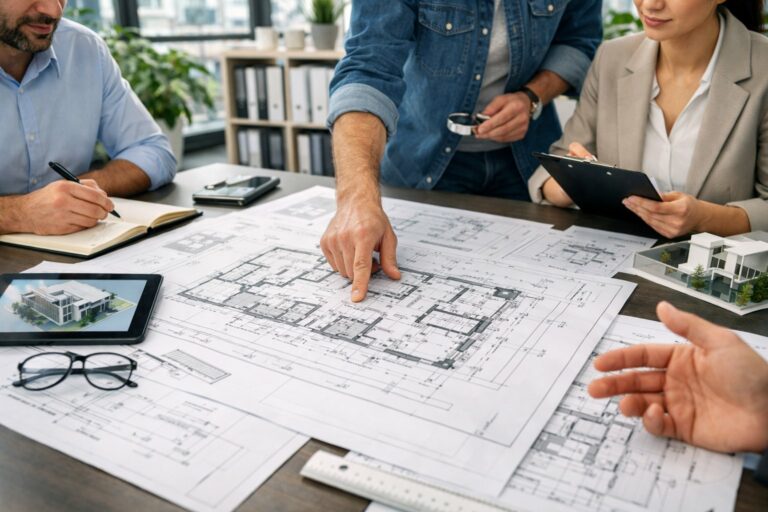 Une équipe de professionnels collaborant autour d'une table avec des plans et des dessins techniques dans un bureau lumineux.