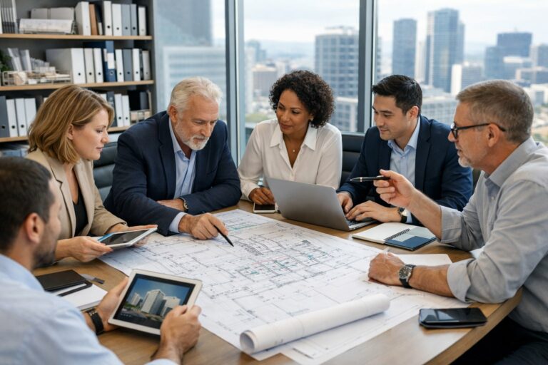 Un groupe de professionnels en réunion autour d'une table avec des plans et des ordinateurs dans un bureau moderne.