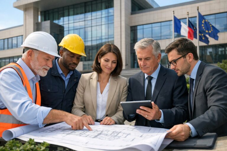 Des professionnels discutant autour de plans devant un bâtiment gouvernemental moderne.