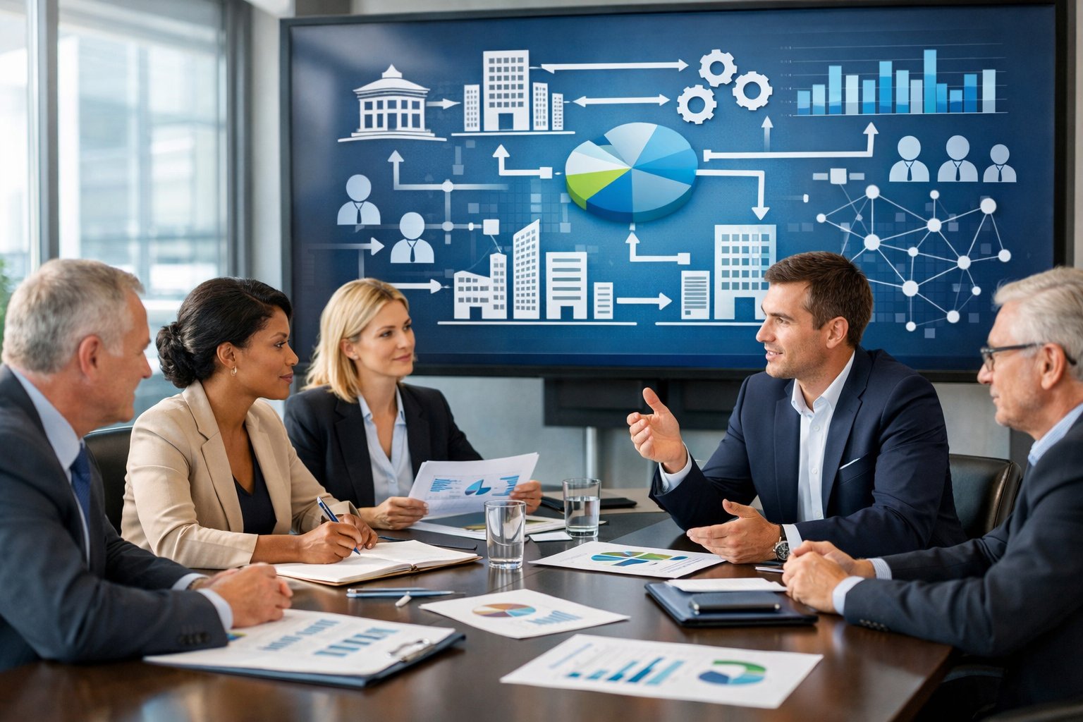 Un groupe de professionnels en réunion autour d'une table de conférence, discutant de stratégies liées aux achats publics dans un bureau moderne et lumineux.