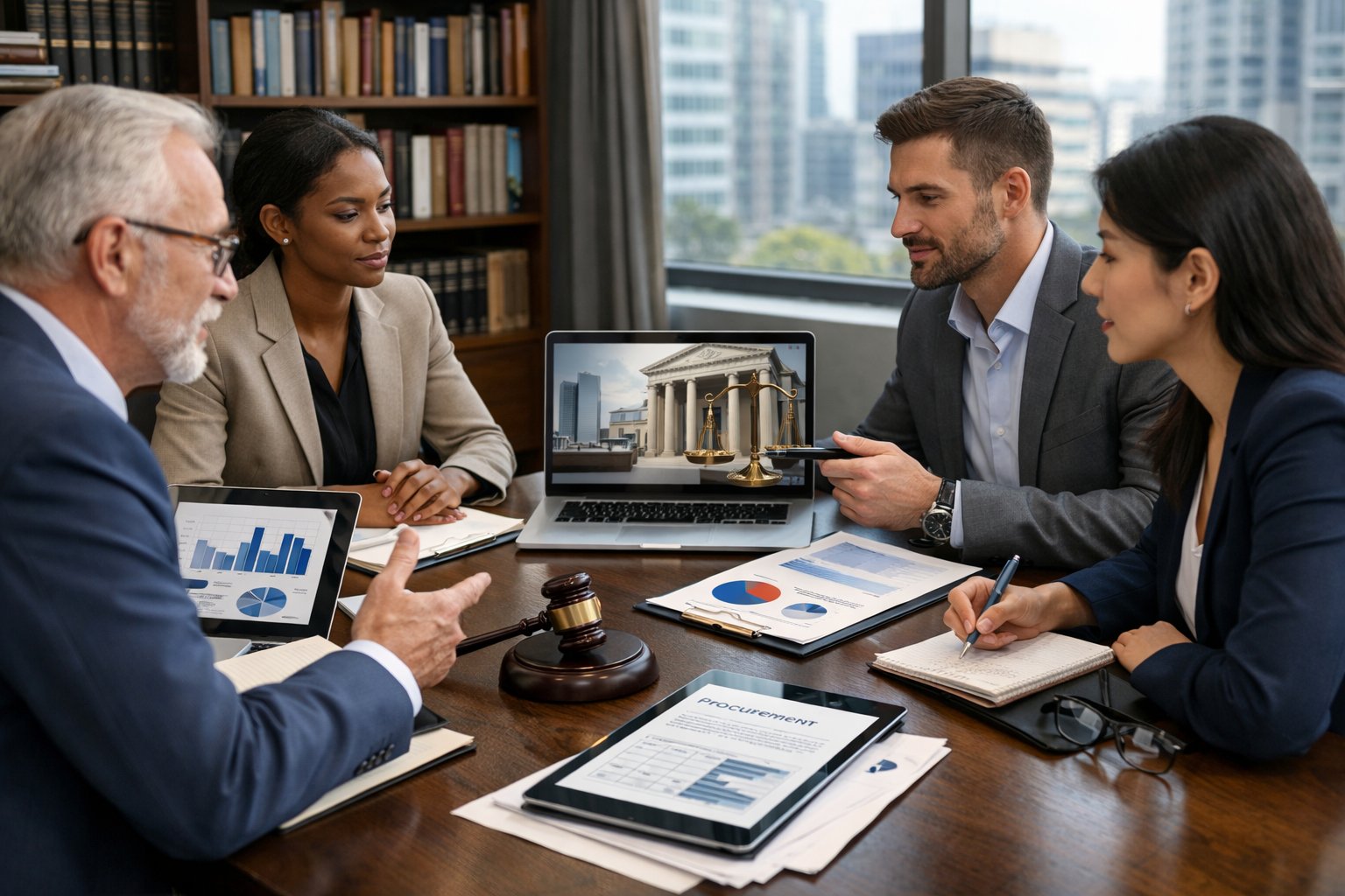 Un groupe de professionnels en réunion autour d'une table de conférence dans un bureau moderne, examinant des documents et des appareils numériques, illustrant la collaboration et la planification liées aux obligations légales.