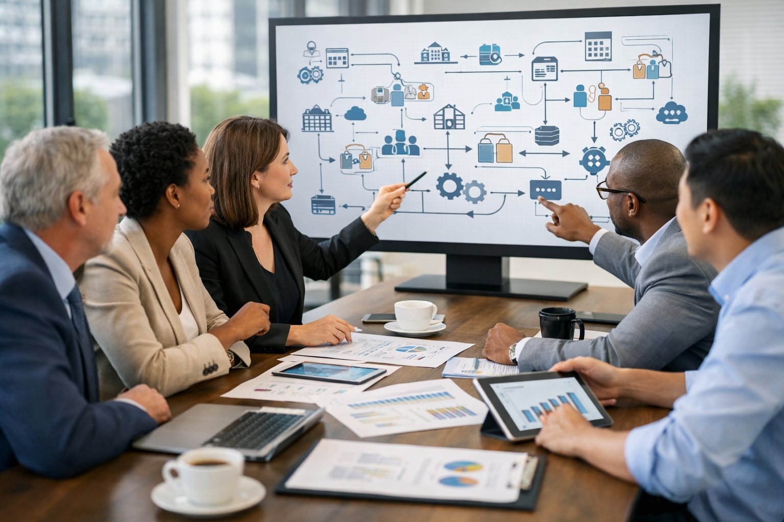 Un groupe de professionnels en réunion autour d'une table avec des documents et un écran montrant des diagrammes, dans un bureau moderne lumineux.
