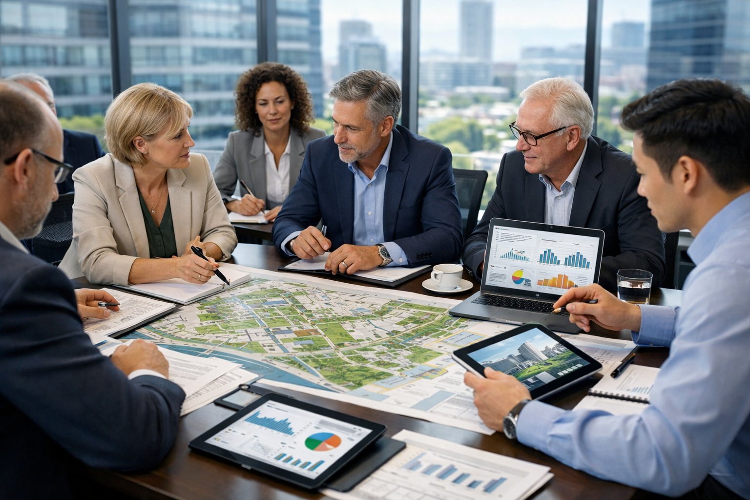 Des professionnels en réunion autour d'une table avec des plans urbains et des ordinateurs, discutant de la planification urbaine et des achats publics.
