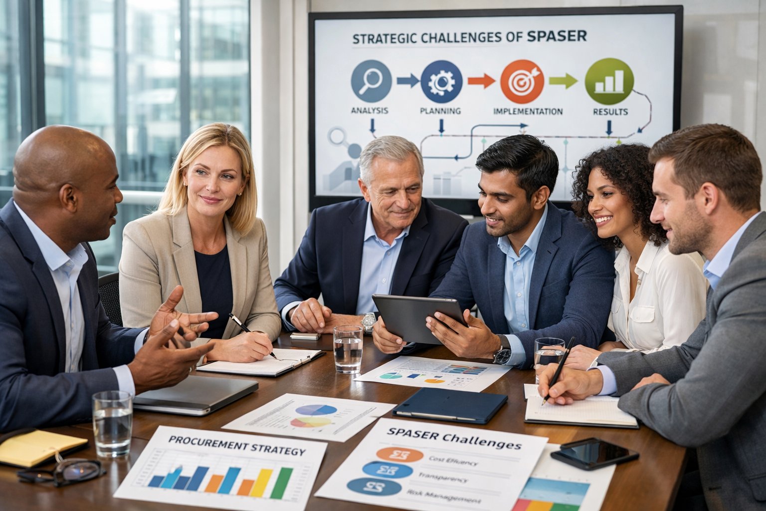 Un groupe de professionnels en réunion autour d'une table de conférence avec des ordinateurs portables et des documents, discutant de stratégies dans une salle de réunion lumineuse.