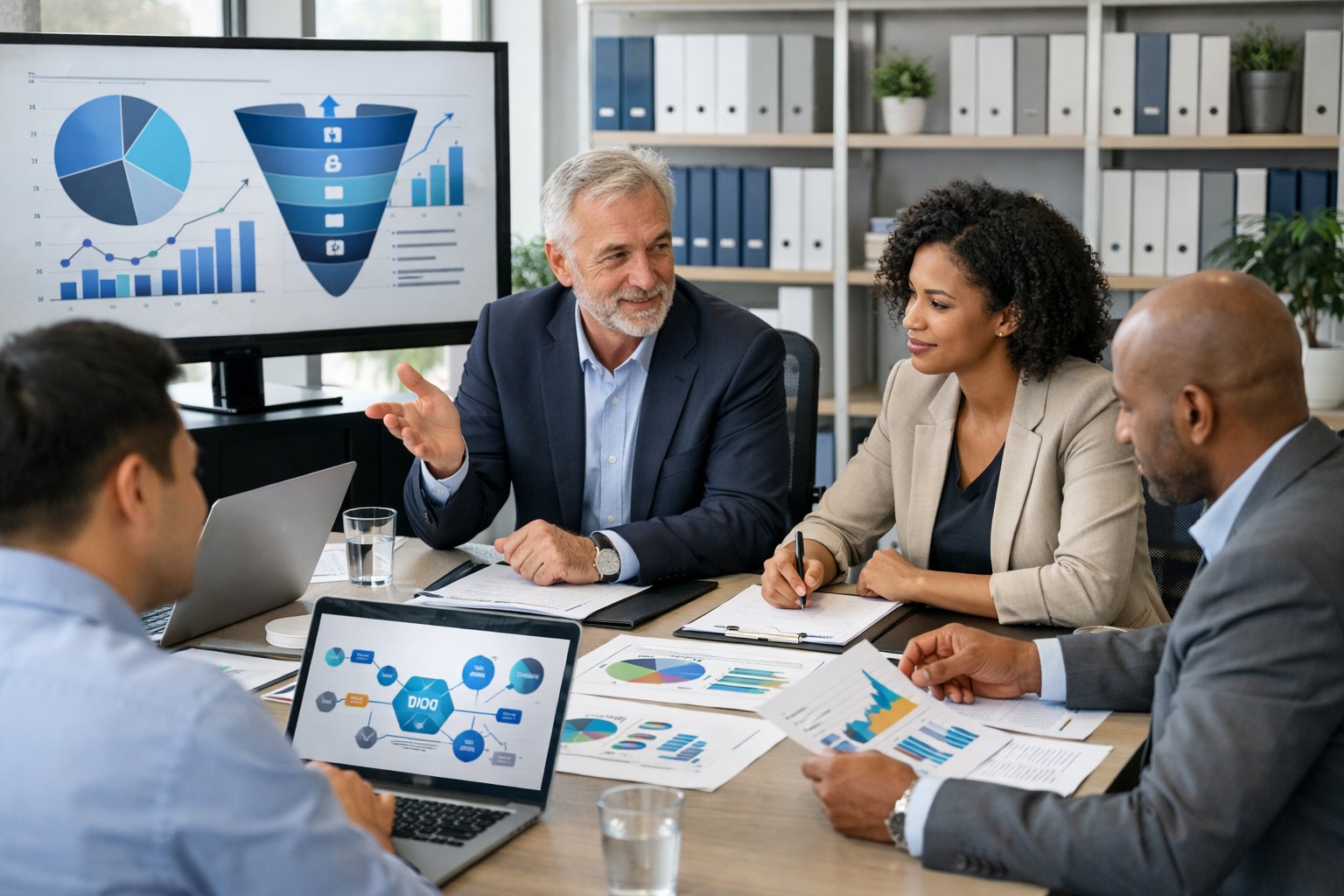 Un groupe de professionnels en réunion autour d'une table de conférence, discutant de documents et de graphiques dans un bureau moderne et lumineux.