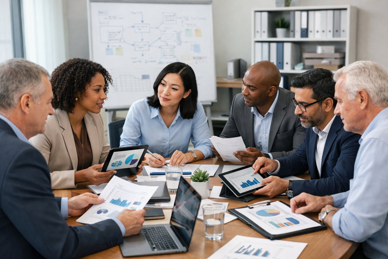Un groupe de professionnels en réunion dans un bureau moderne, examinant des documents et des graphiques liés à la promotion des achats publics.