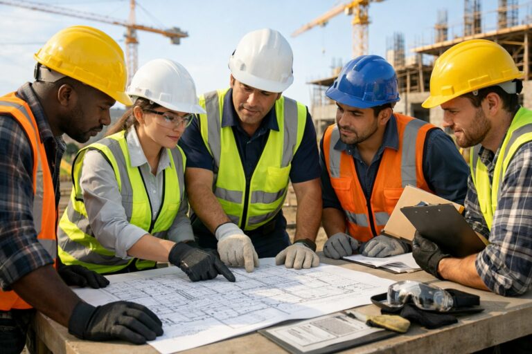 Un groupe de travailleurs de chantier portant des équipements de protection se réunit autour d'une table pour examiner des plans et documents de sécurité.