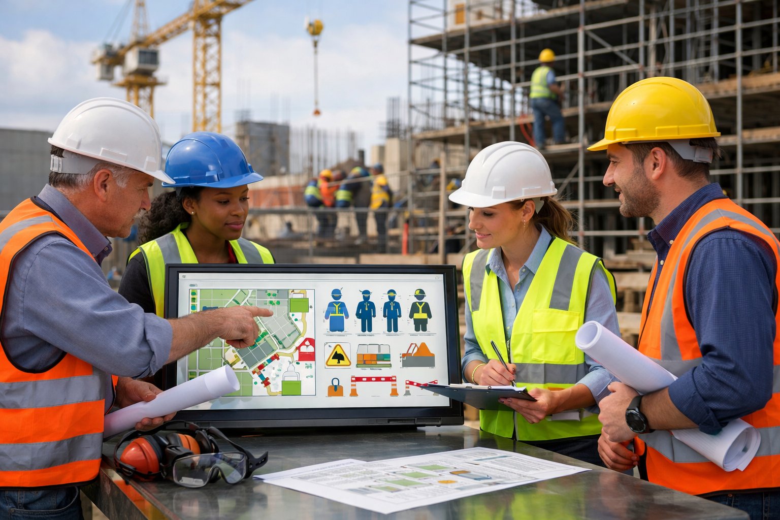 Des professionnels de la sécurité sur un chantier discutant autour de plans de sécurité avec des équipements de protection.