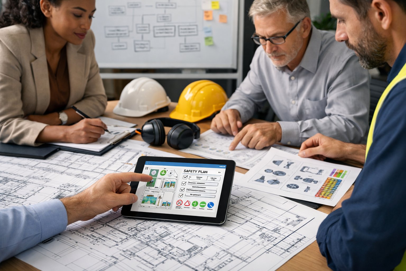 Un groupe de professionnels en réunion autour d'une table avec des plans et équipements de sécurité, discutant d'un plan de protection de la santé.