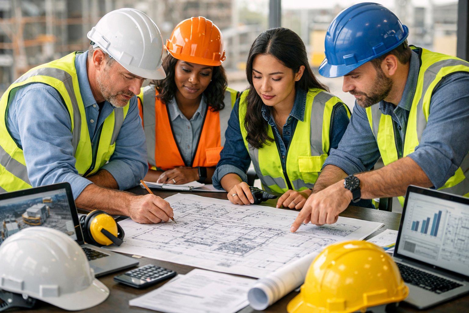 Des professionnels en réunion autour d'une table avec des plans et équipements de sécurité sur un chantier de construction.