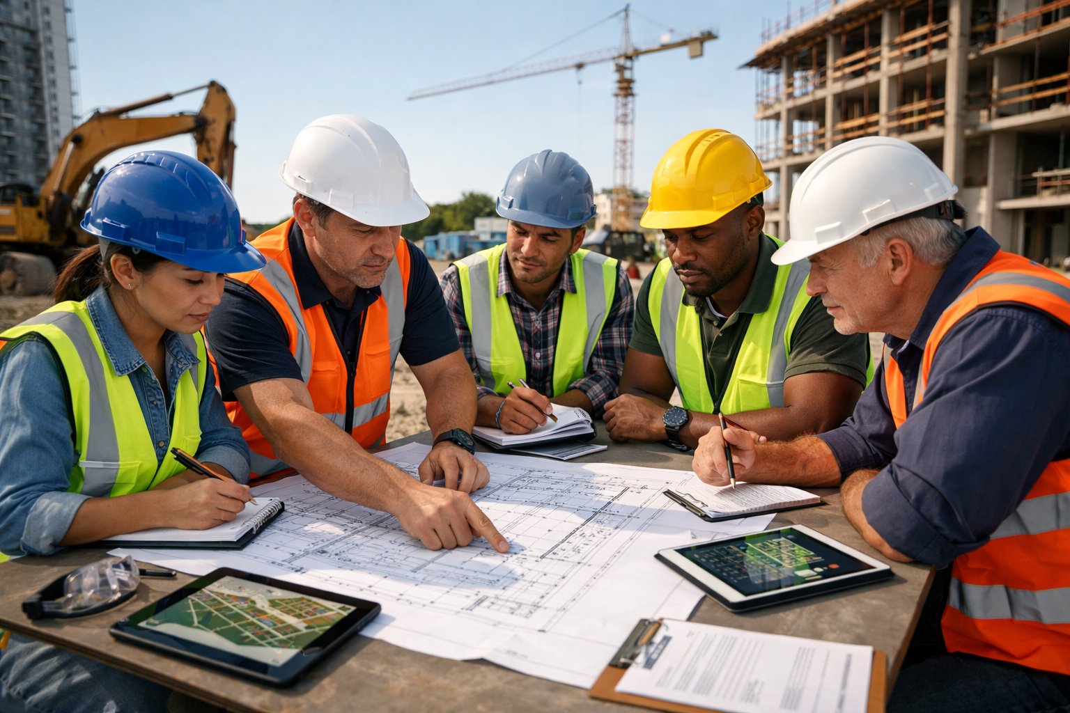 Des professionnels du bâtiment en casque et gilet réfléchissant discutent autour d'une table avec des plans et documents de sécurité sur un chantier en arrière-plan.
