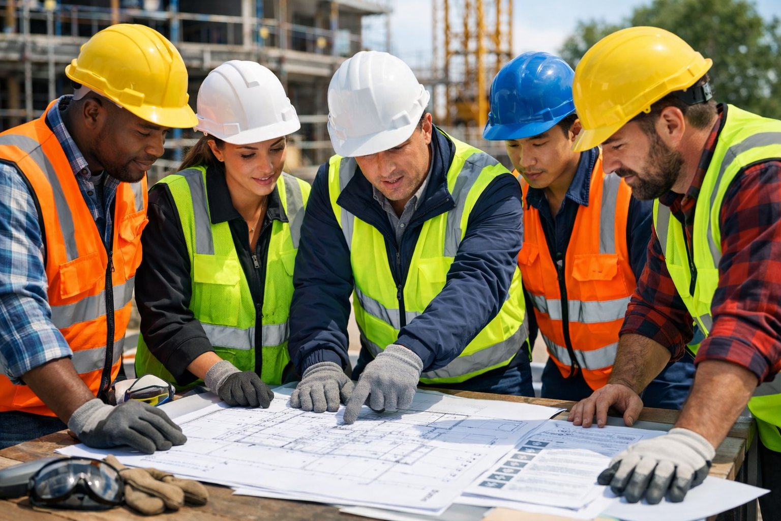 Un groupe de travailleurs de la construction en équipements de sécurité discutant autour d'une table avec des plans et documents sur un chantier actif.