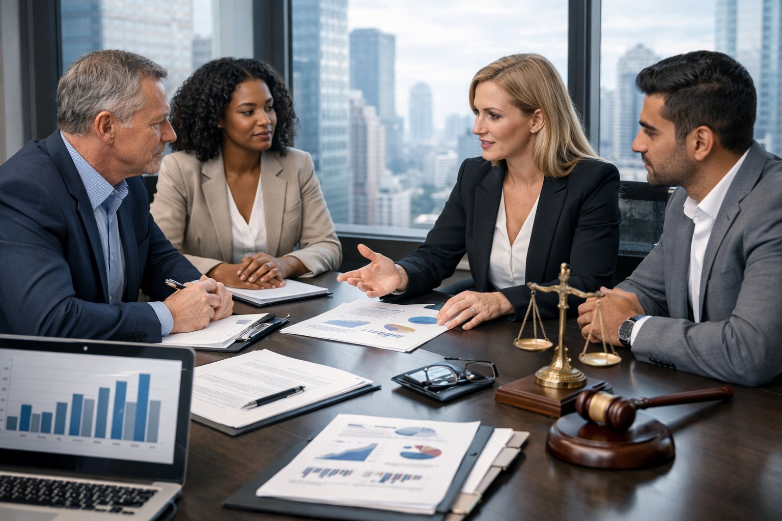 Des professionnels en réunion dans un bureau moderne, discutant autour d'une table avec des documents et des ordinateurs.