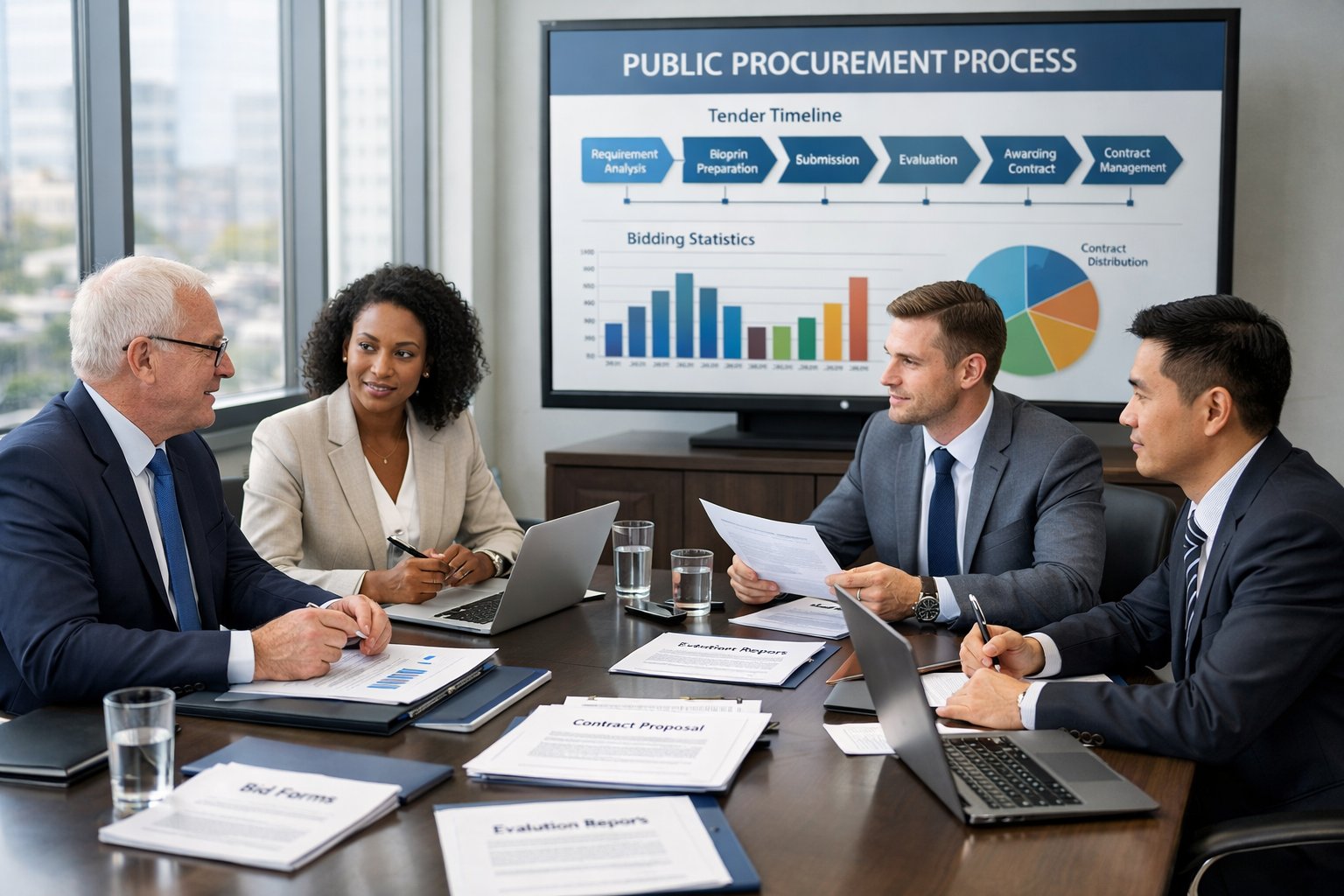 Un groupe de professionnels en réunion dans une salle de conférence moderne, discutant de procédures liées aux marchés publics avec des documents et des appareils électroniques sur la table.
