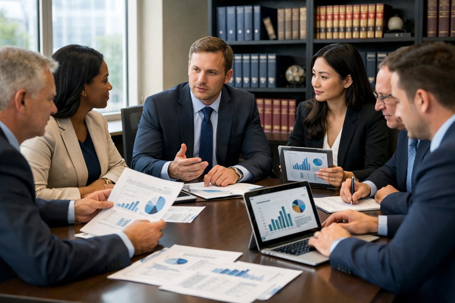 Un groupe de professionnels en réunion autour d'une table de conférence dans un bureau moderne, discutant de documents liés aux marchés publics.