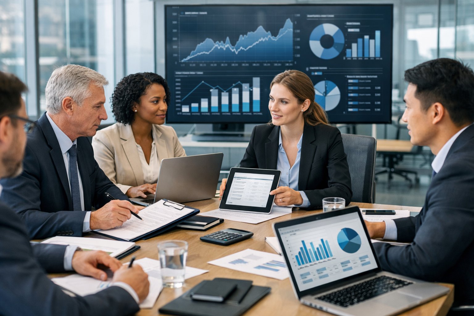Des professionnels en réunion dans un bureau moderne, travaillant ensemble autour d'une table avec des ordinateurs portables et des documents, avec un écran affichant des graphiques en arrière-plan.