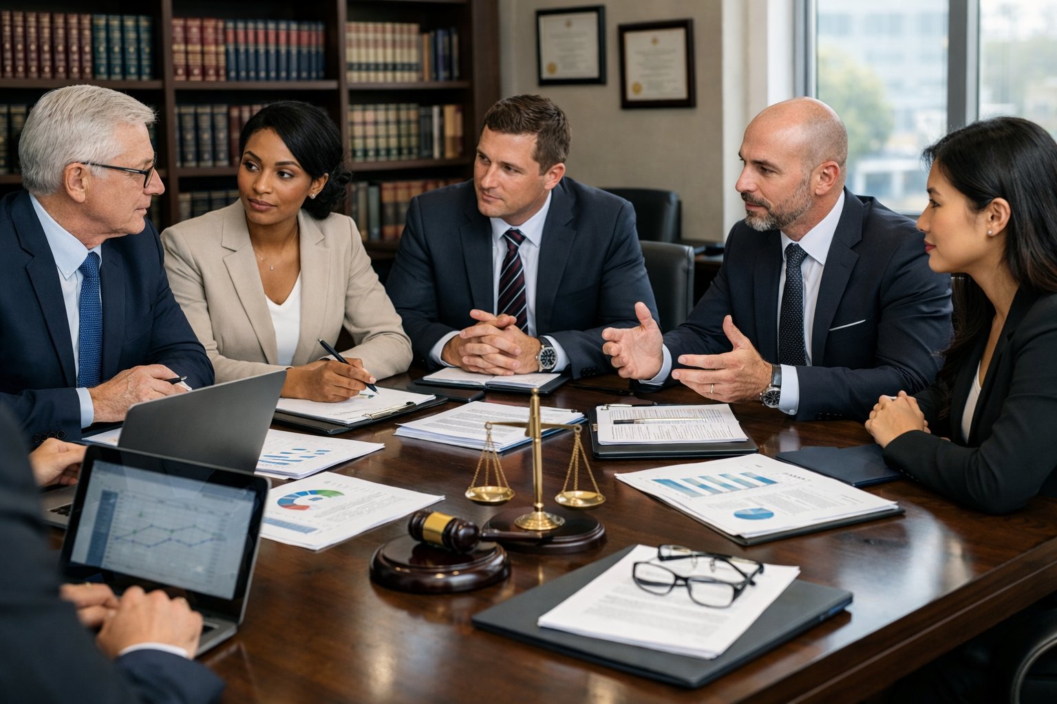 Des professionnels en réunion dans un bureau discutant de contrats publics avec des documents et des ordinateurs sur une grande table.