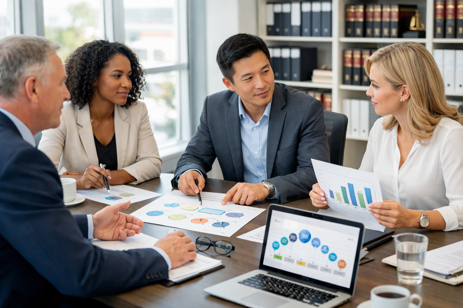 Un groupe de professionnels en réunion autour d'une table de conférence dans un bureau moderne, avec des ordinateurs portables et des documents, discutant de procédures liées aux marchés publics.