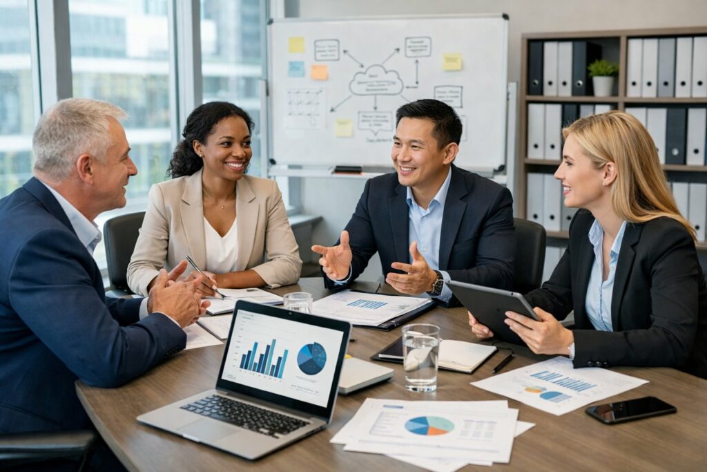 Un groupe de professionnels en réunion dans un bureau moderne, discutant autour d'une table avec des documents et des ordinateurs portables.
