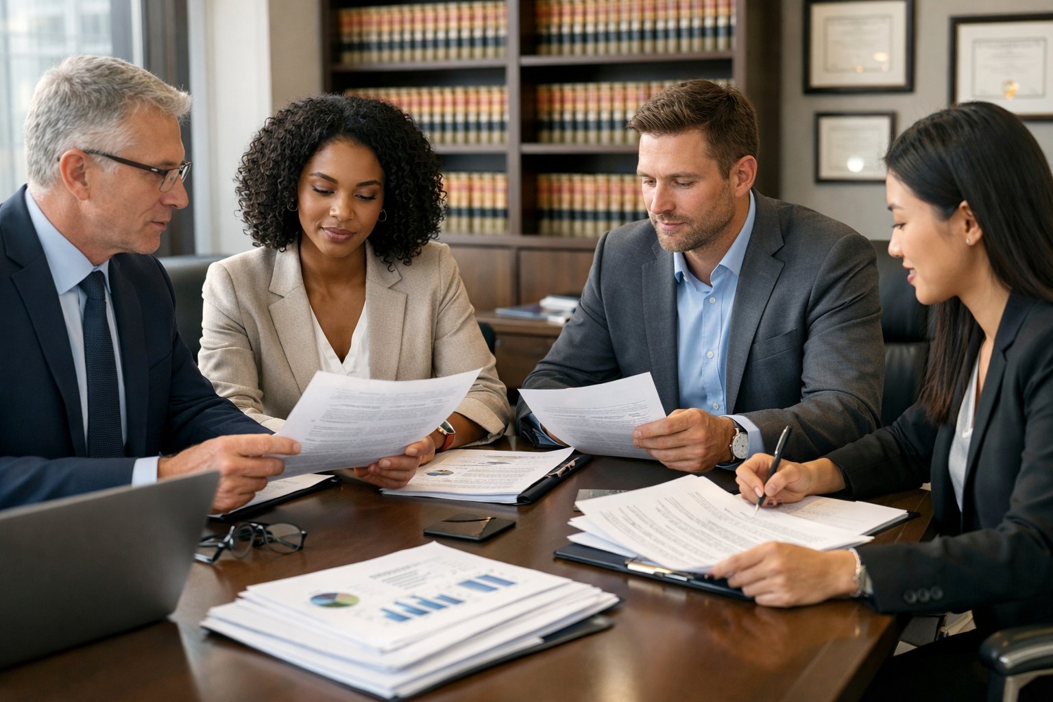 Des professionnels en réunion autour d'une table de conférence, examinant des documents juridiques dans un bureau moderne.