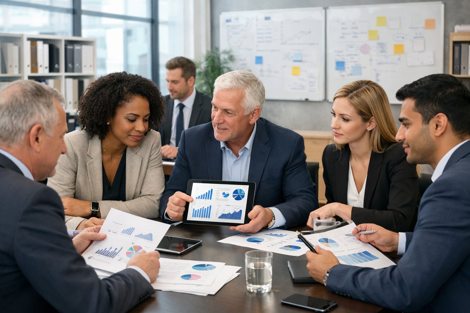 Un groupe de professionnels en réunion dans un bureau moderne, examinant des documents et des graphiques liés aux marchés publics.